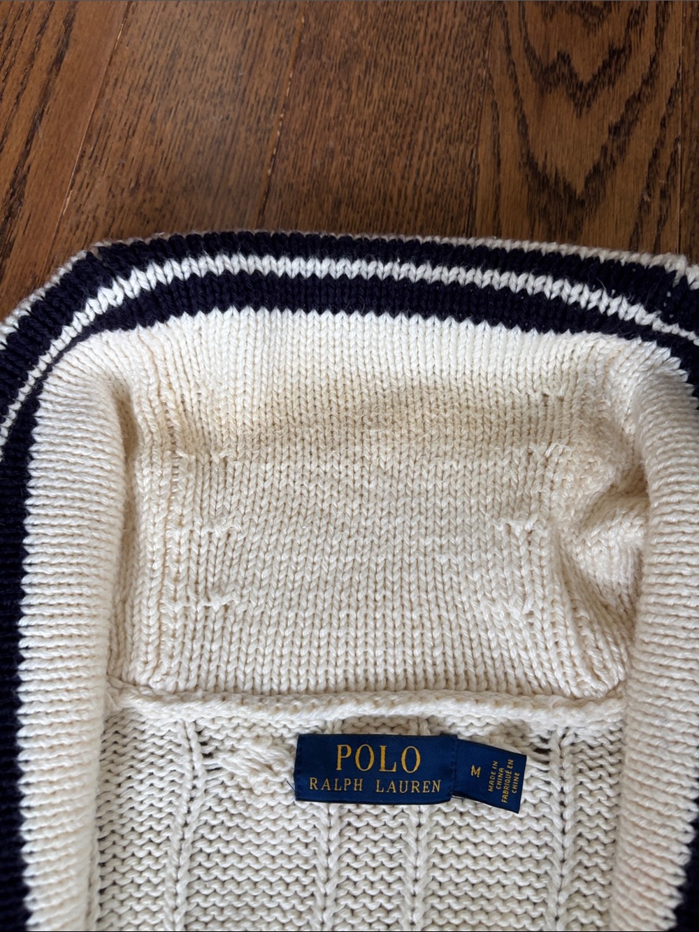 Vintage Polo Ralph Lauren Cream Cable-Knit Shawl-Collar Cardigan with Navy Tri - Picture 7 of 7
